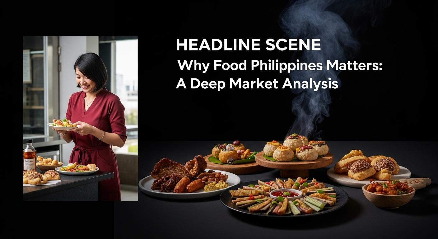 Street food market in the Philippines with a delivery rider and digital ordering signs.