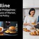 A bustling Philippine food market scene with modern branding and diverse diners.