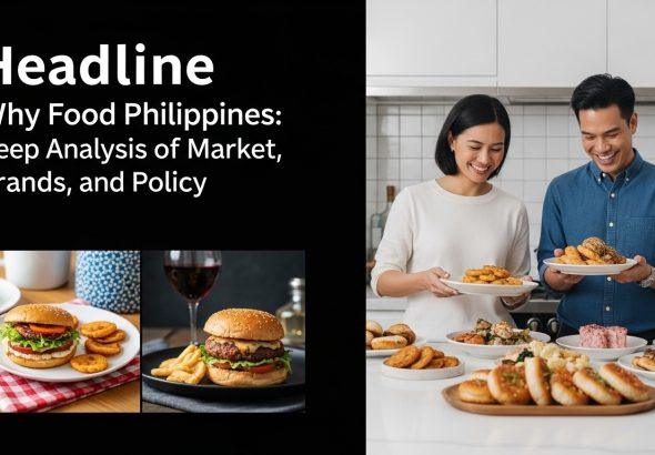 A bustling Philippine food market scene with modern branding and diverse diners.