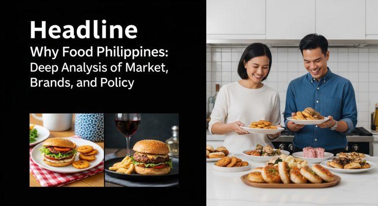 A bustling Philippine food market scene with modern branding and diverse diners.