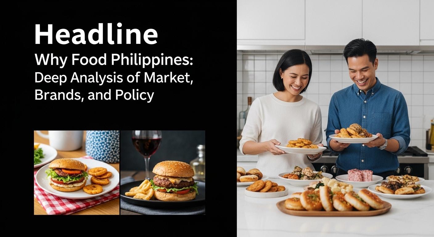 A bustling Philippine food market scene with modern branding and diverse diners.