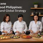 Editorial illustration of redondo Food Philippines products in a busy market setting with family meals.