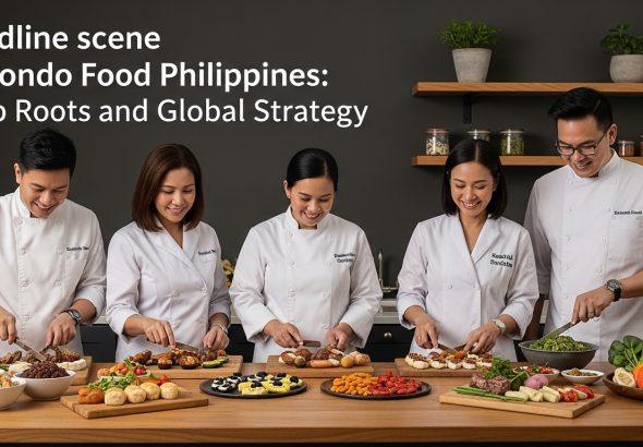 Editorial illustration of redondo Food Philippines products in a busy market setting with family meals.