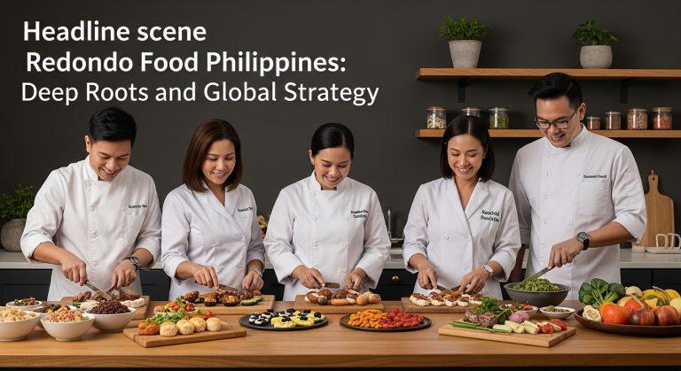 Editorial illustration of redondo Food Philippines products in a busy market setting with family meals.