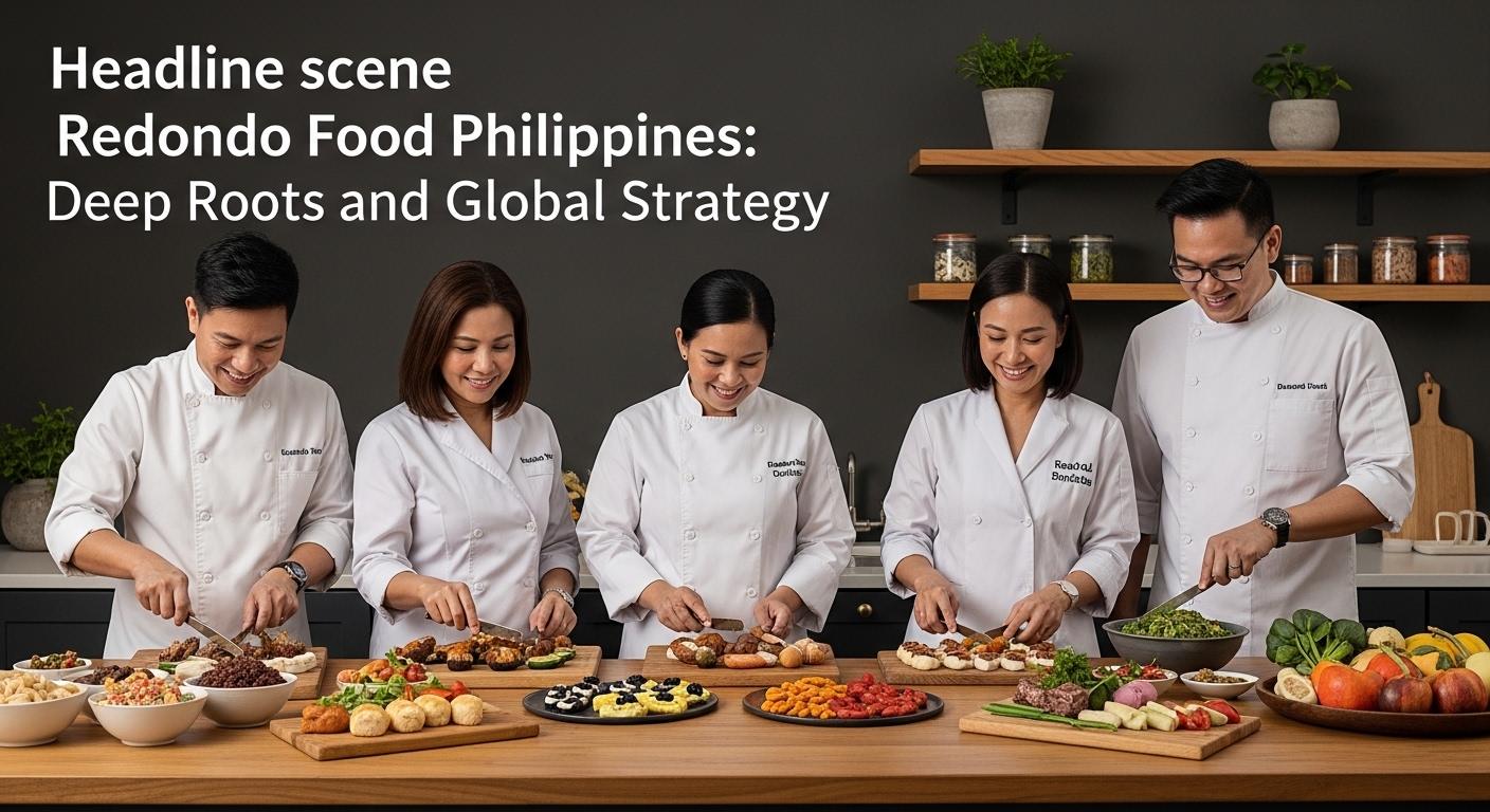 Editorial illustration of redondo Food Philippines products in a busy market setting with family meals.