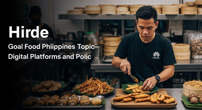 Busy Philippine market scene with subtle digital icons indicating food delivery and supply-chain technology