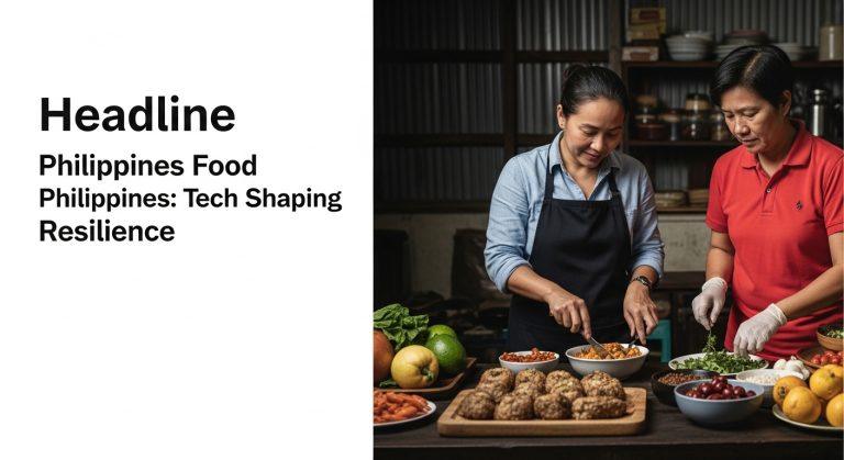 Philippines market scene with food vendors and digital network overlays representing tech-enabled food supply chains.