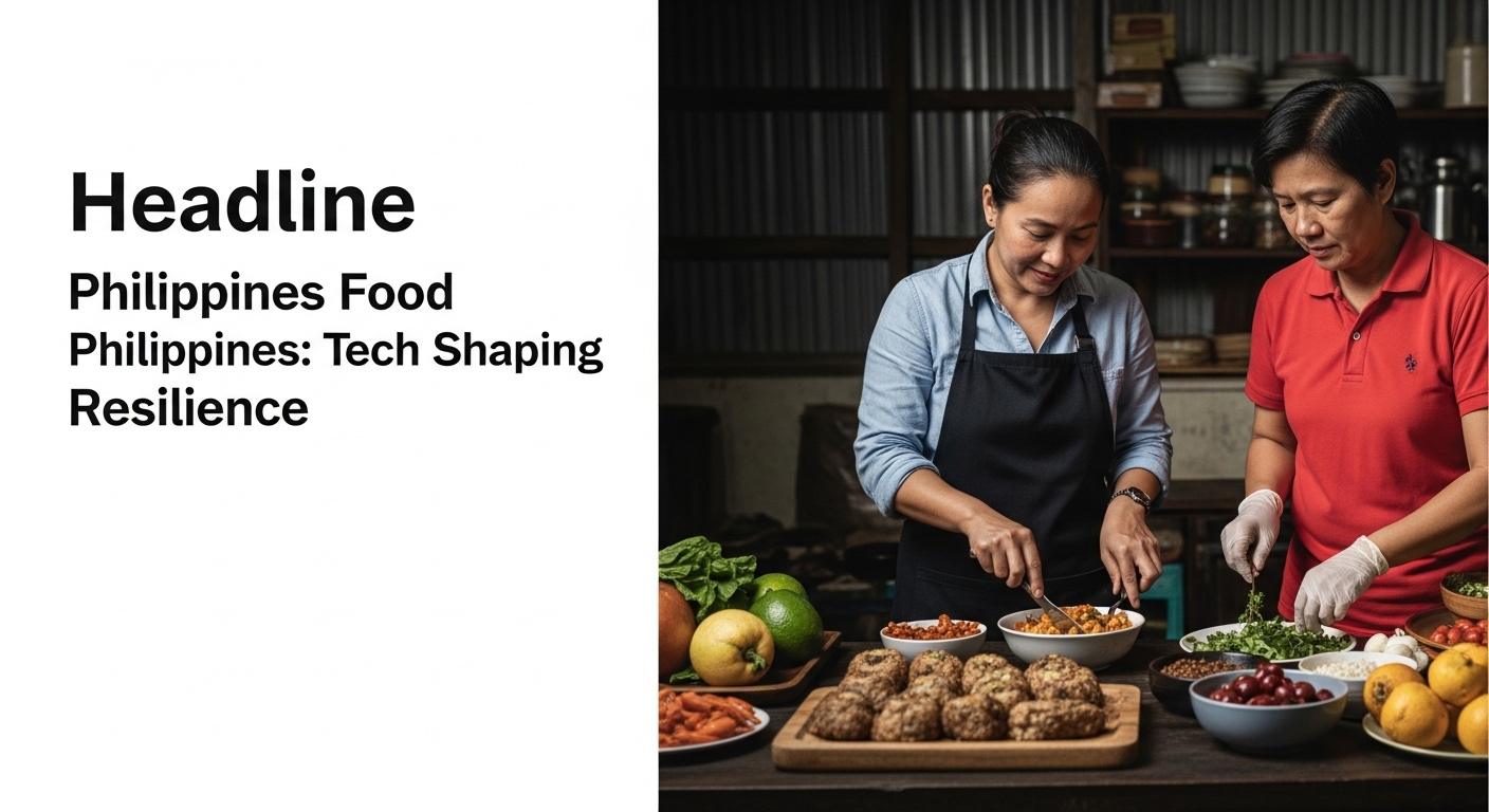 Philippines market scene with food vendors and digital network overlays representing tech-enabled food supply chains.