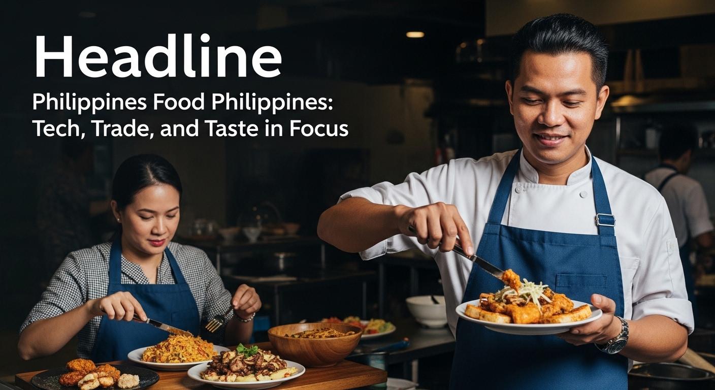 Philippines Food Philippines market scene showing street foods and a digital order on a tablet.