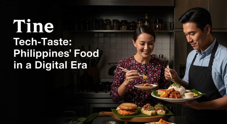 Philippine street market scene showing traditional foods alongside digital ordering and delivery technology.