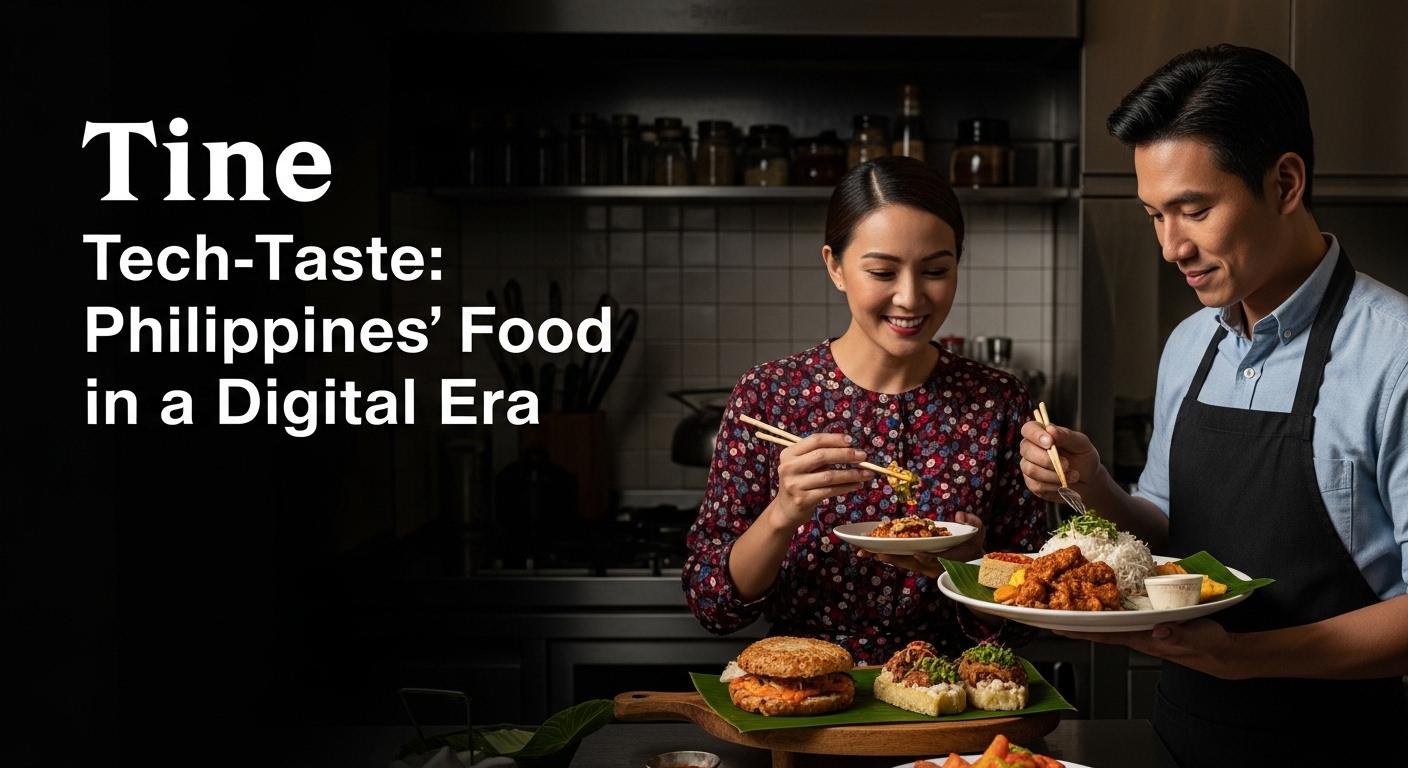 Philippine street market scene showing traditional foods alongside digital ordering and delivery technology.