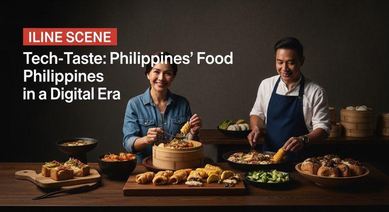 Philippine street market scene showing traditional foods alongside digital ordering and delivery technology.