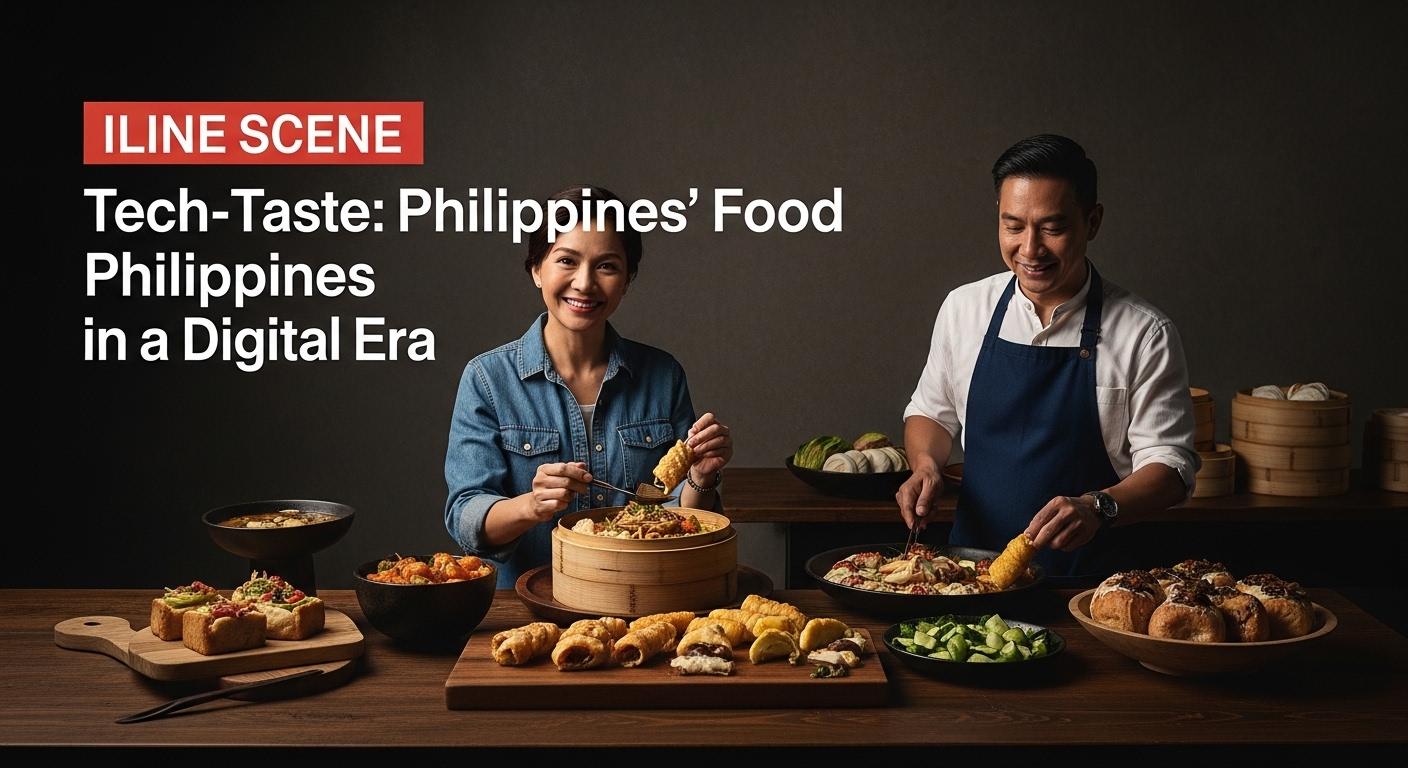 Philippine street market scene showing traditional foods alongside digital ordering and delivery technology.