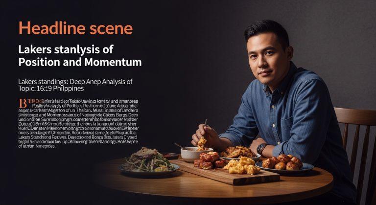 Basketball court with Lakers graphic and Philippine cityscape in the background representing Lakers standings analysis f