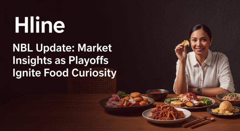 Editorial image of a basketball court with food elements foreground, representing sports and food market analysis