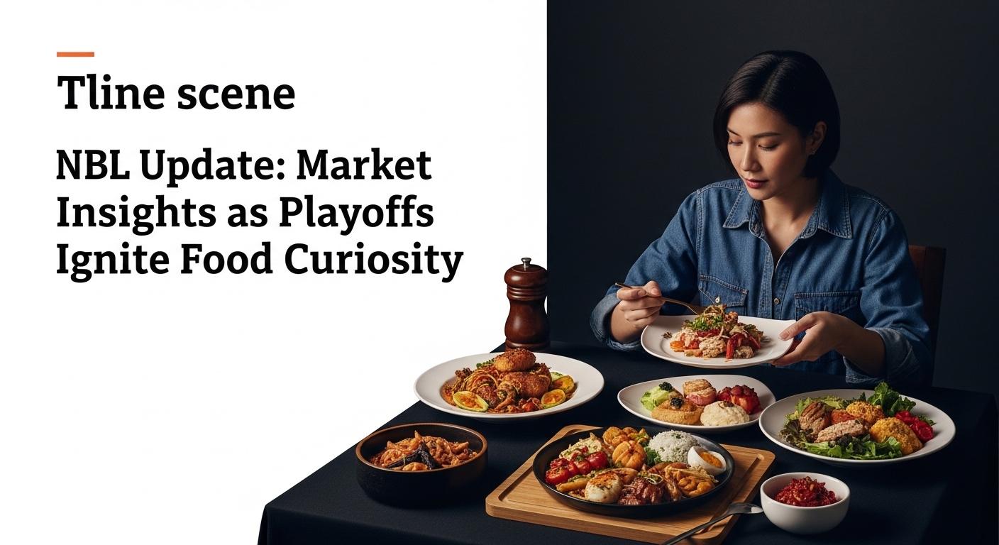 Editorial image of a basketball court with food elements foreground, representing sports and food market analysis