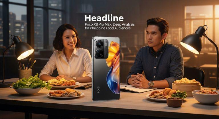 Poco X8 Pro Max displayed beside Philippine street food and newsroom setting to illustrate tech-meets-food coverage.