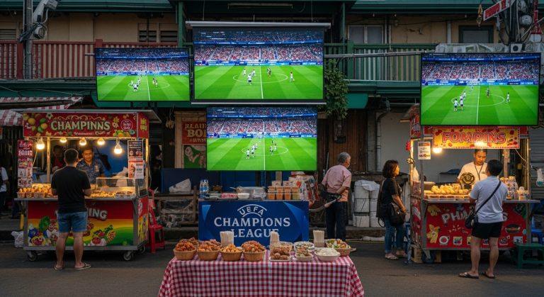 Philippine fans at a viewing venue watching UEFA Champions League with street food stalls nearby.